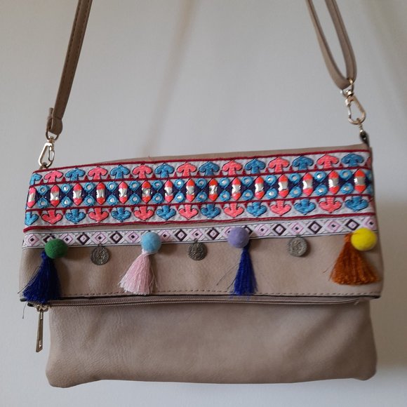 Nude Multicoloured Embellished Tassel Boho Festival Crossbody Shoulder Bag - Picture 5 of 6